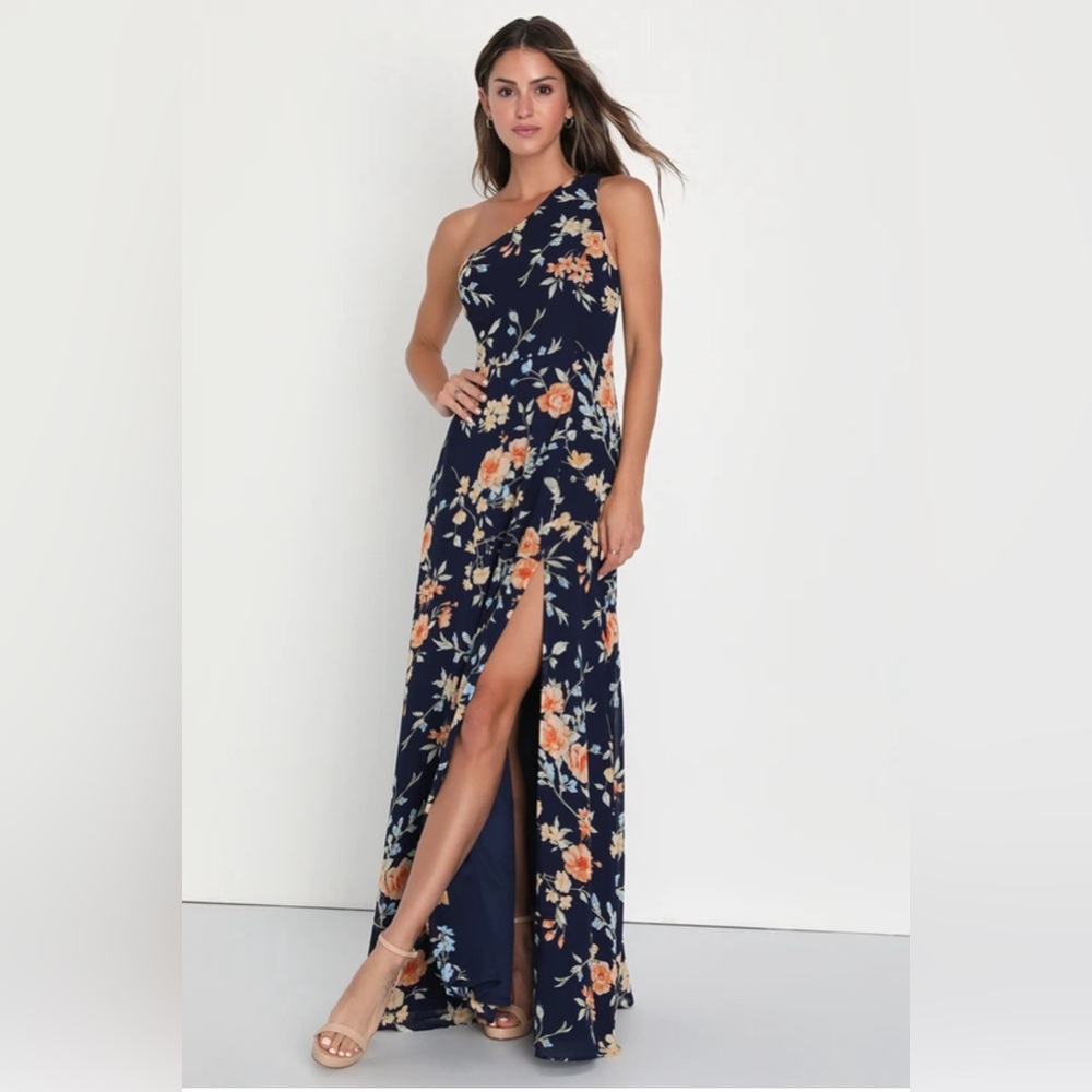 NWT Lulus Elegant Admiration Navy Blue Floral One Shoulder Maxi Dress
